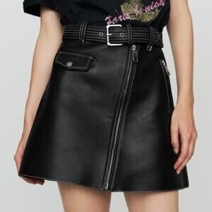 Nwts Maje Jouki Trapeze Black A-Line Belted Leather Mini Skirt (34)